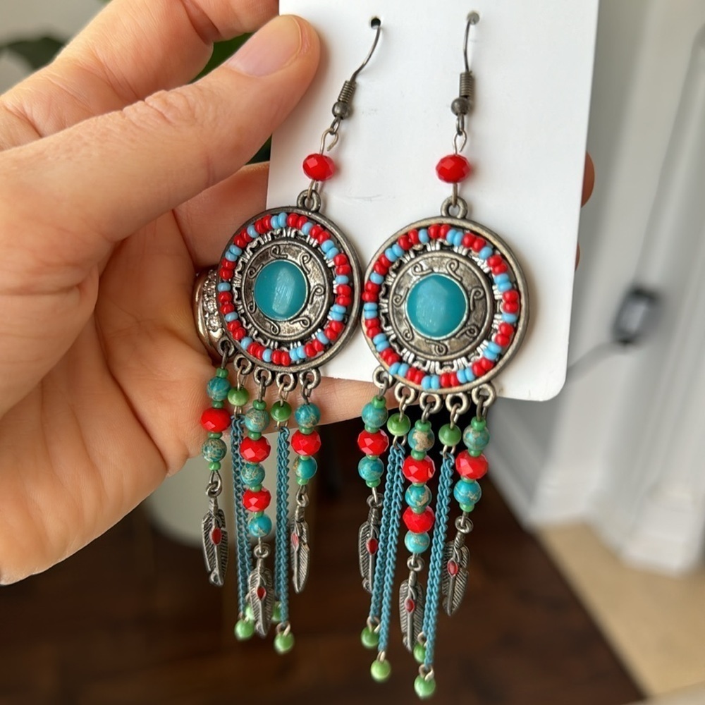 Turquoise and Feather Dangle Earrings - Picture 3 of 9